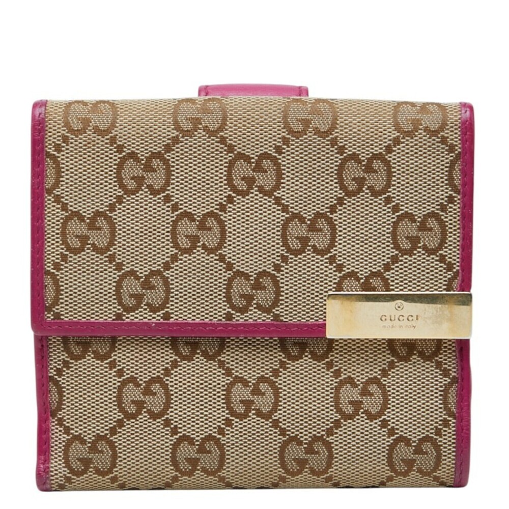 Gucci GG Canvas Metal Plate Bi-fold Wallet 257015 Beige Pink Leather Women's ...